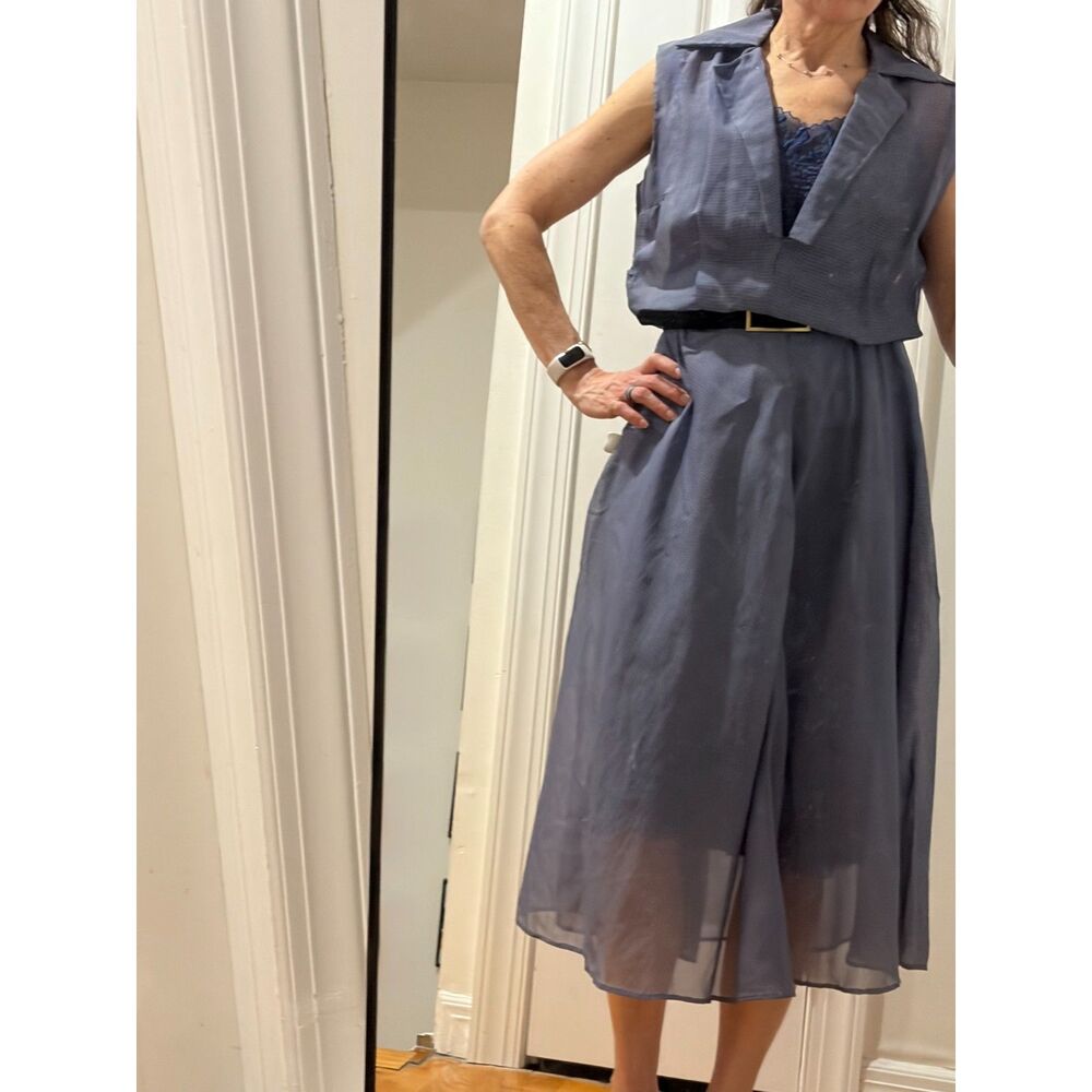 Vintage 1950s Handmade Sheer Blue Striped Collared Dress Metal Zip Sz. 6-8